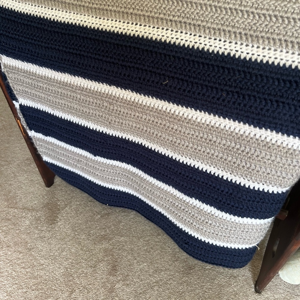 Striped Knit Blanket in Navy, White, and Gray
